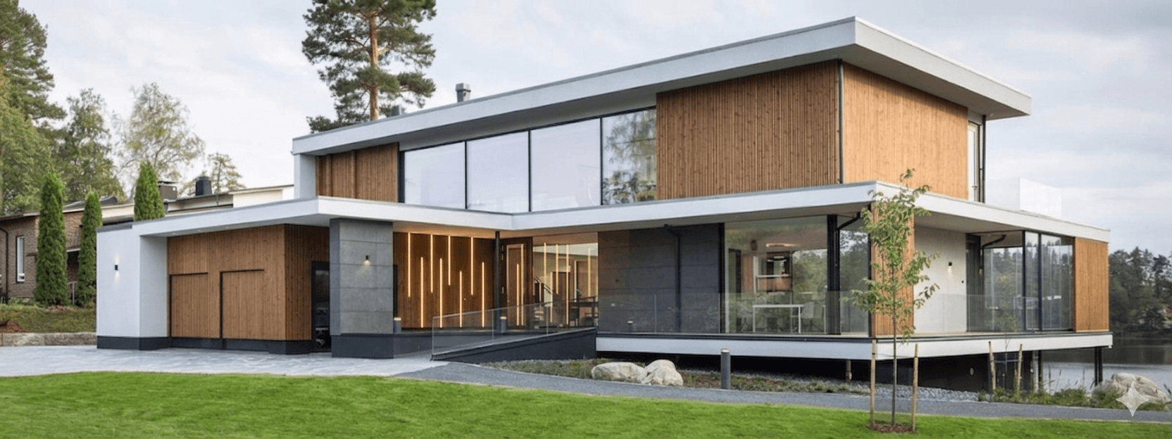 Fachada con revestimiento de madera y piscina