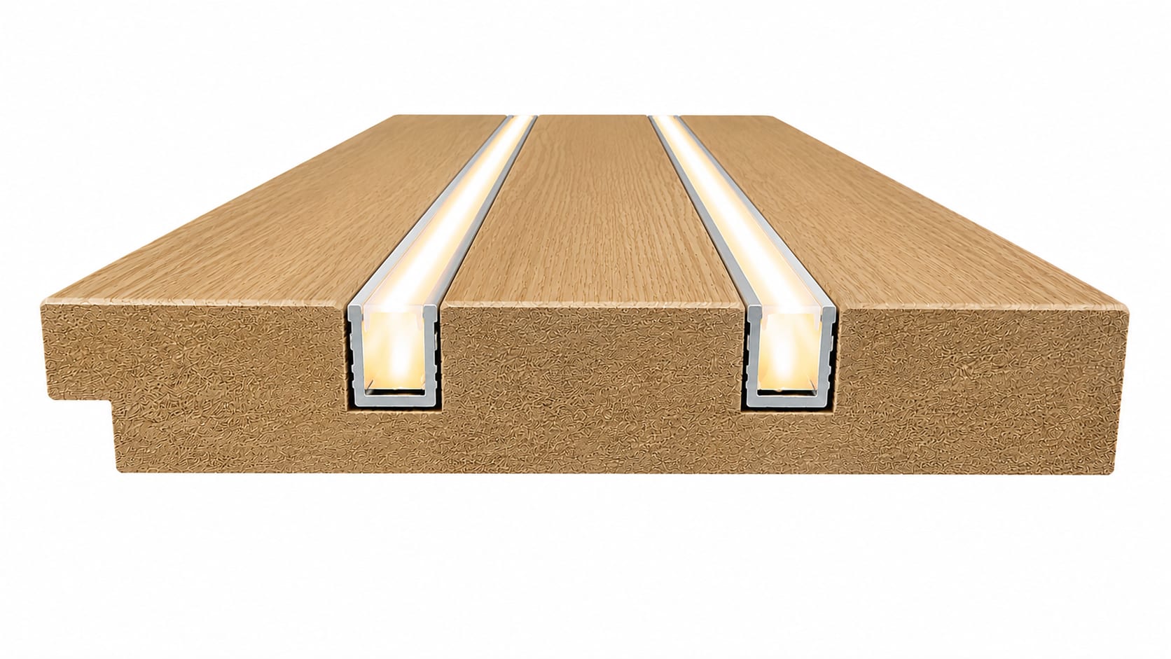 Corte en detalle de un revestimiento lumínico con LED integrado