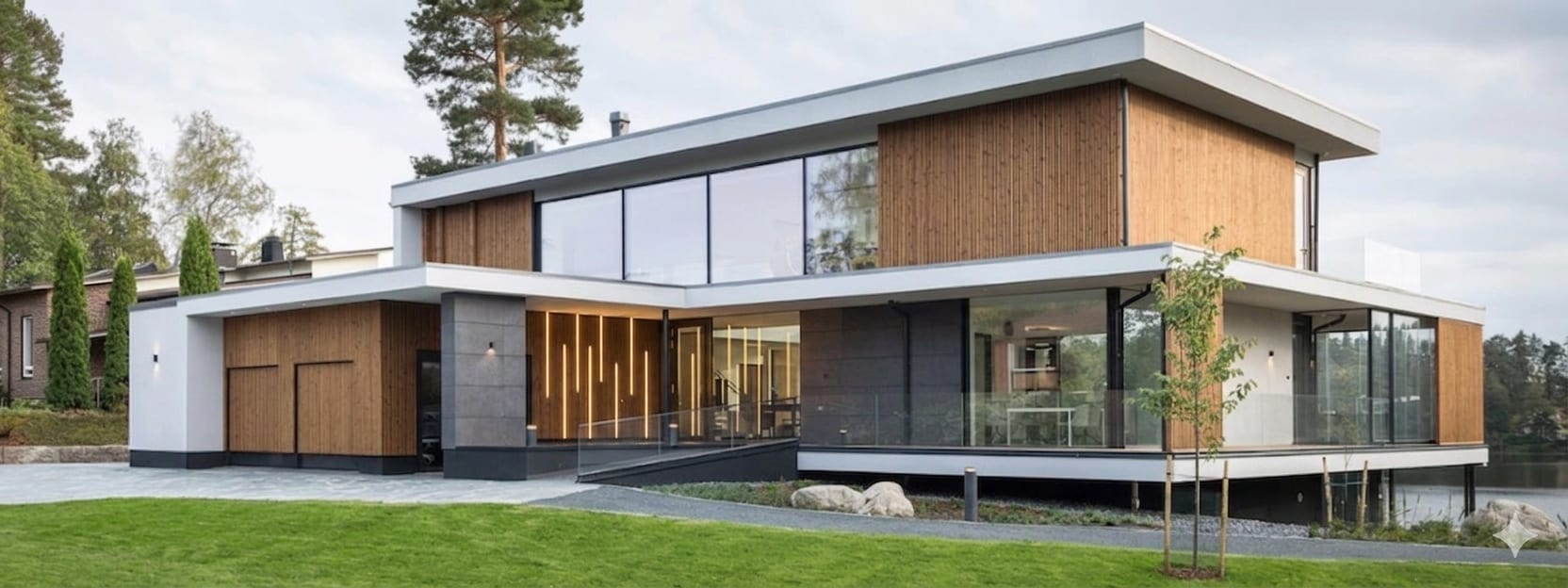 Fachada con revestimiento de madera y piscina