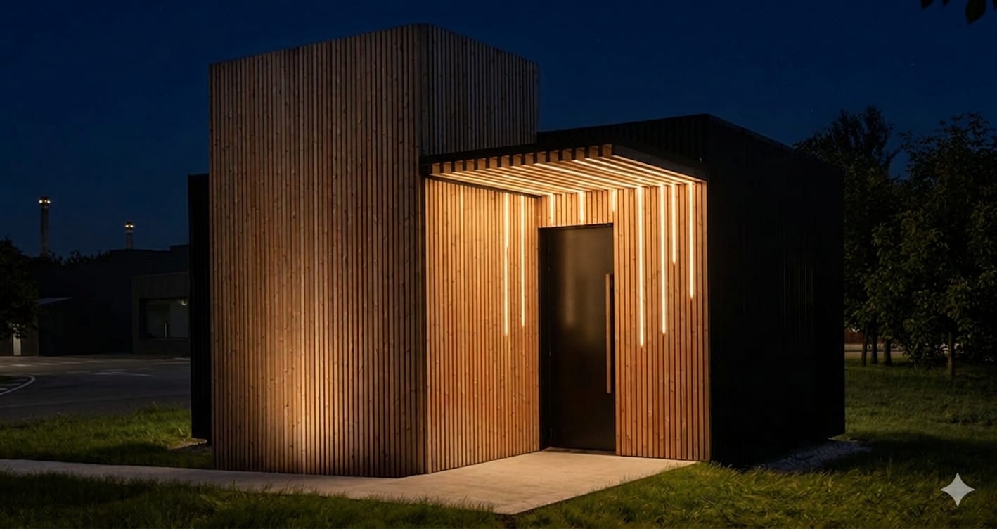 Hall con revestimiento de madera e iluminación LED